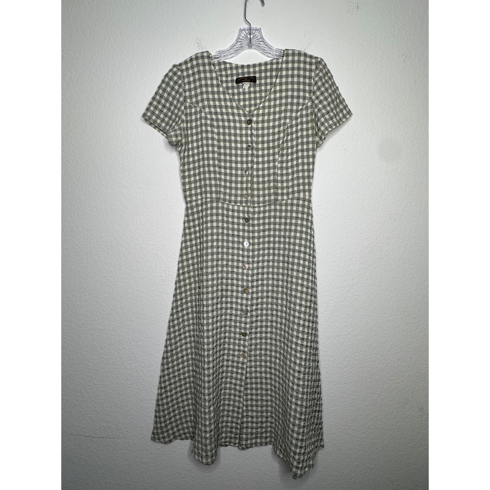 Vintage Charter Club Petites Gingham Button Front Midi Dress Sage Green Size‎ 6